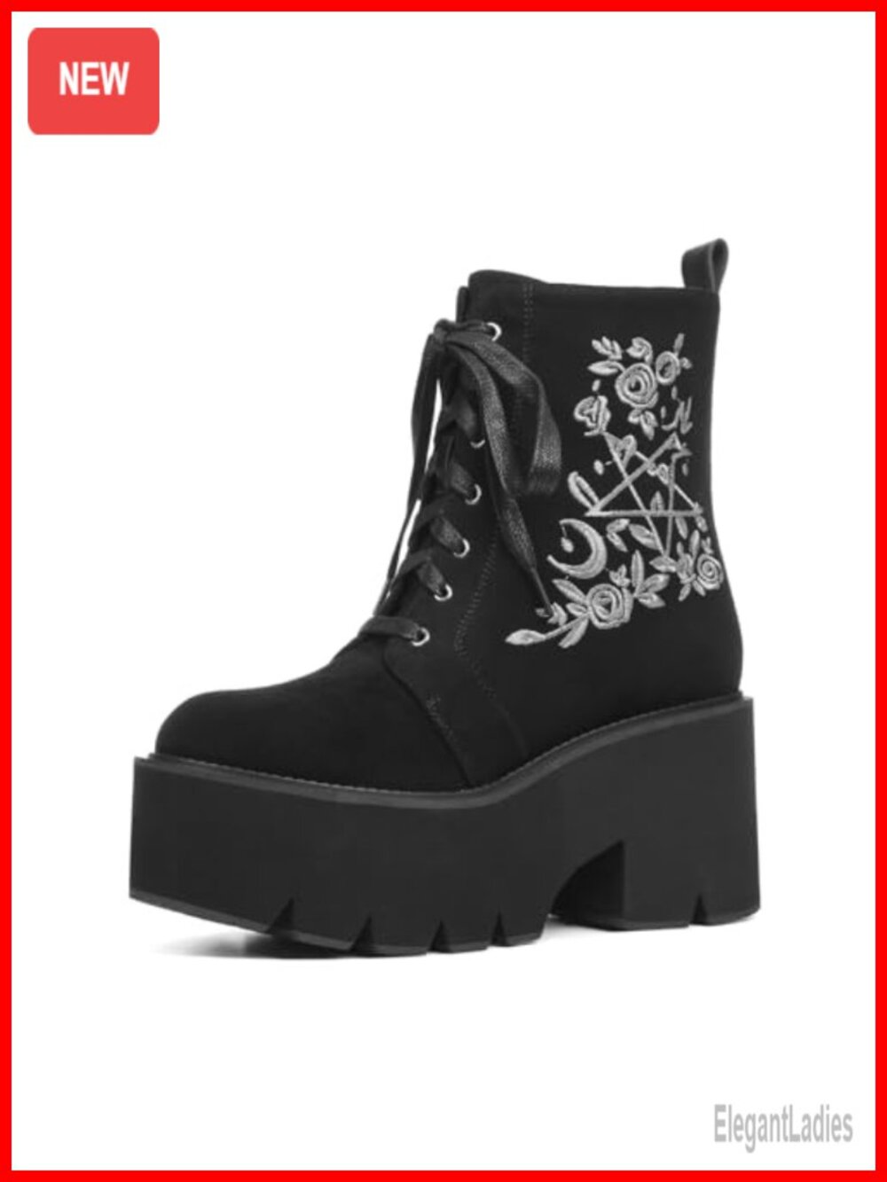 Platform Goth Ankle Boots PU Embroidered Chunky Heel Combat Booties